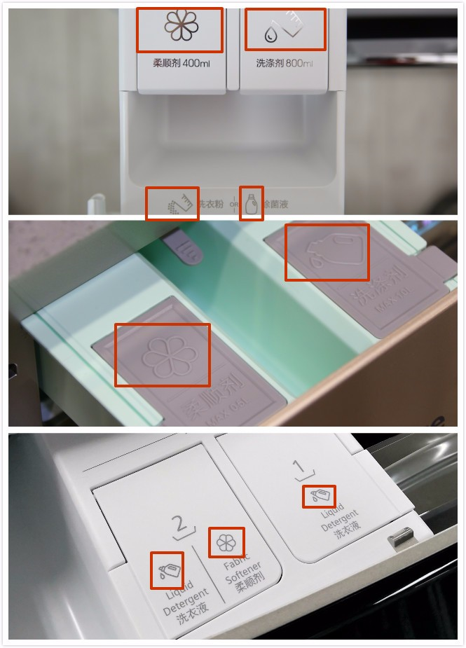 如果洗衣机的洗涤剂盒采用图标区分,那么颗粒代表洗衣粉添加口,液体
